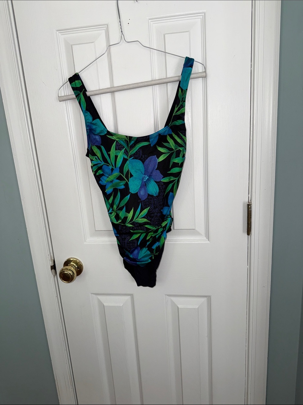 Longitude Women's Black Swimsuit with Blue and Green Floral Print